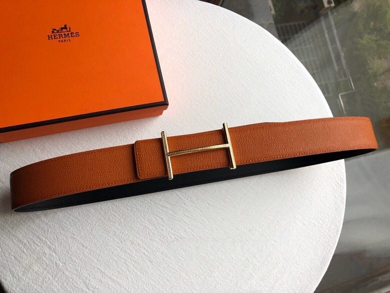 Hermes Stainless steel metal diamond buckle leather men s 3.8cm belt