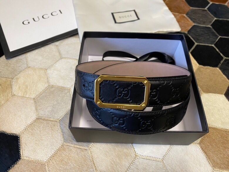 Gucci Exquisite square metal buckle GG embossed black cowhide belt 35mm