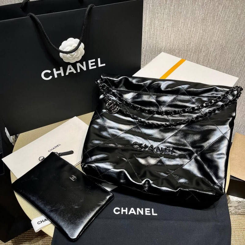 Chanel 22 Small Handbag Shiny Calfskin AS3260 Black with Black logo