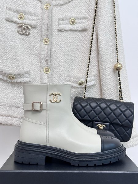 Chanel CC colorblock block heel boots